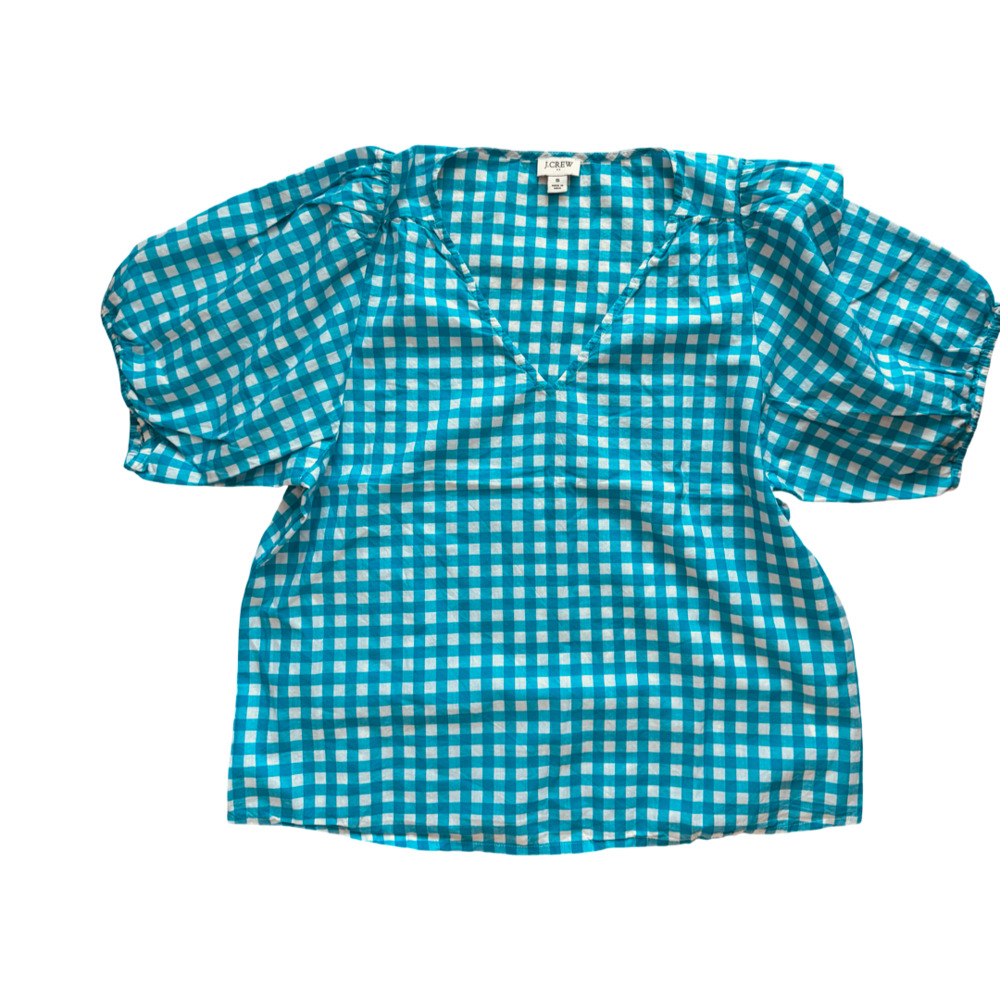 J.Crew Turquoise and White Gingham Puff Sleeve V-Neck Blouse